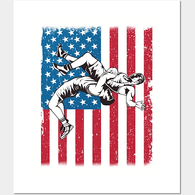 Wrestling - Wrestlers American Flag Wall Art by Kudostees